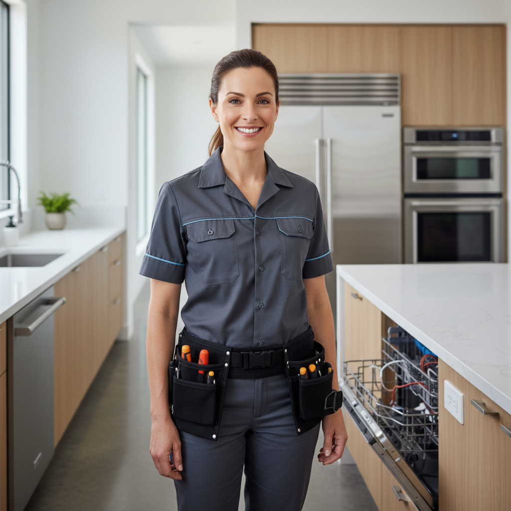 Smiling appliance repair technician in a modern kitchen